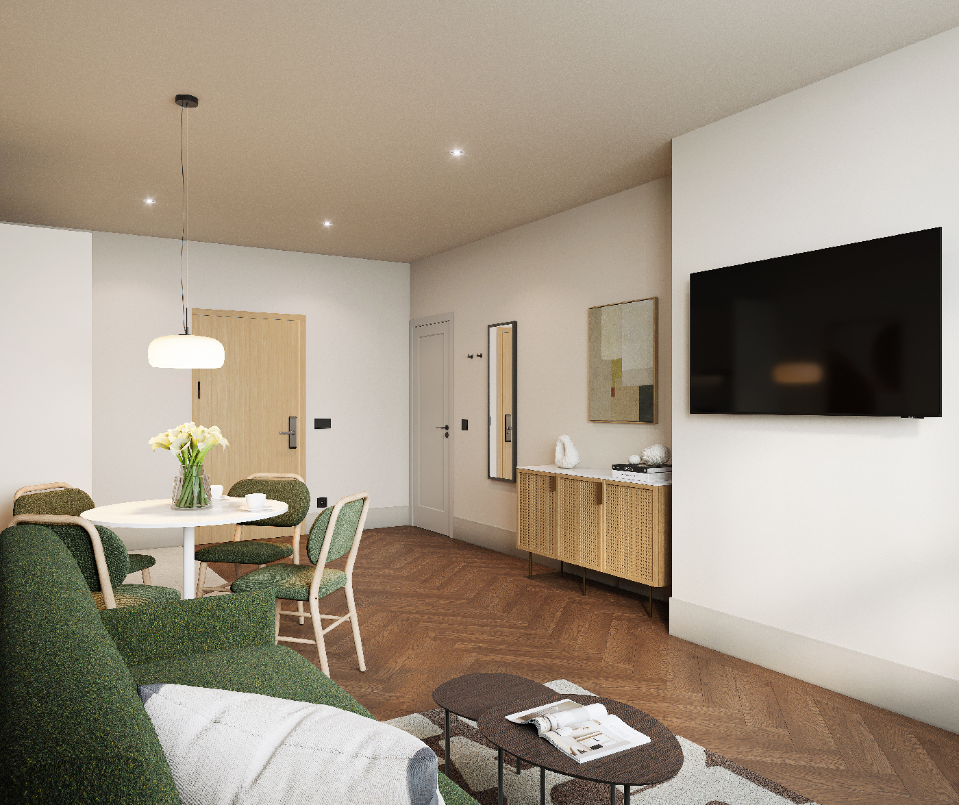 Spacious living area with green sofa, dining table, and wall-mounted TV in the one bedroom apartment at master Wola Warsaw.