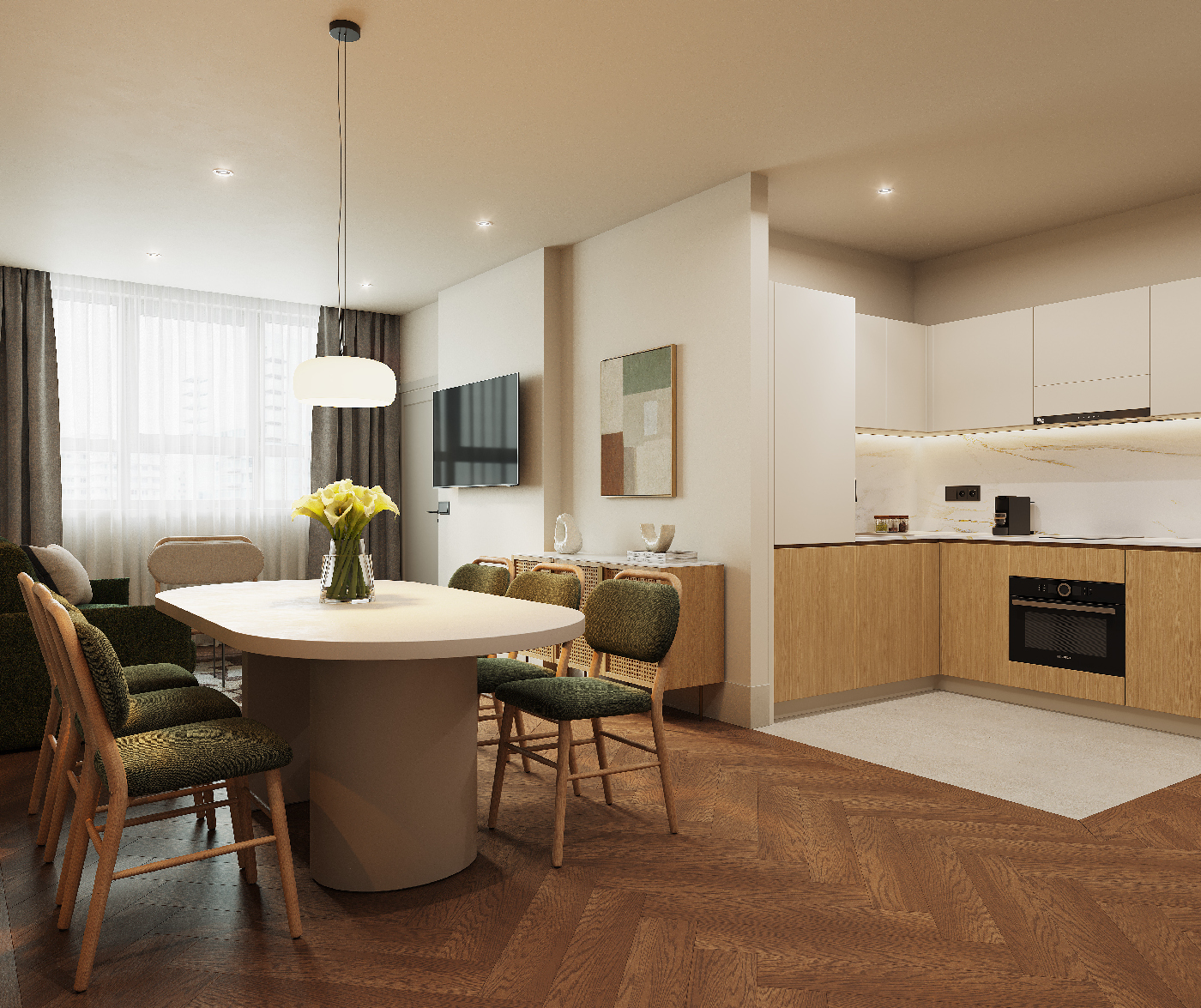 Spacious living room with large dining table, green seating, and full kitchenette inside the two bedroom apartment at master Wola Warsaw.