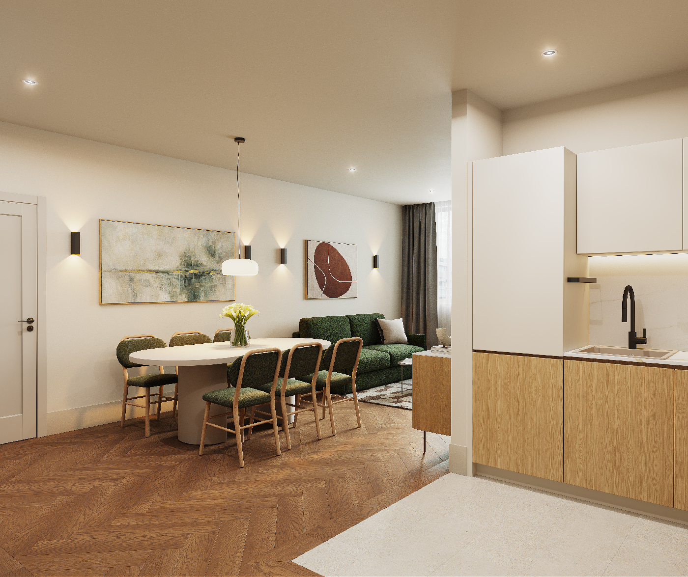 Modern open-plan layout featuring a dining area, green sofa, and kitchen in the two bedroom apartment at master Wola Warsaw.