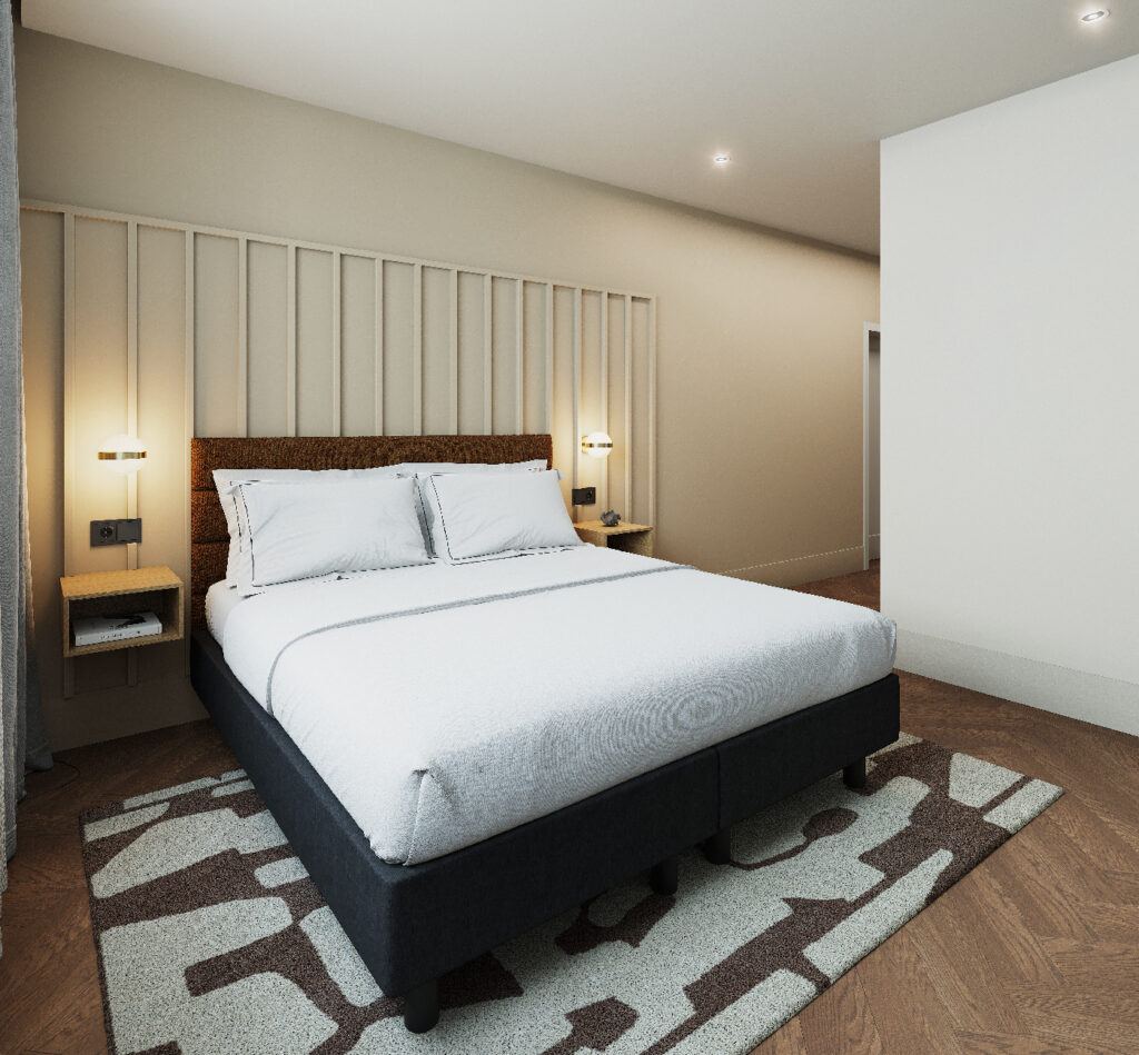 Bright bedroom with a king-size bed, wooden headboard, and ambient lighting in master Wola Warsaw’s two bedroom apartment.