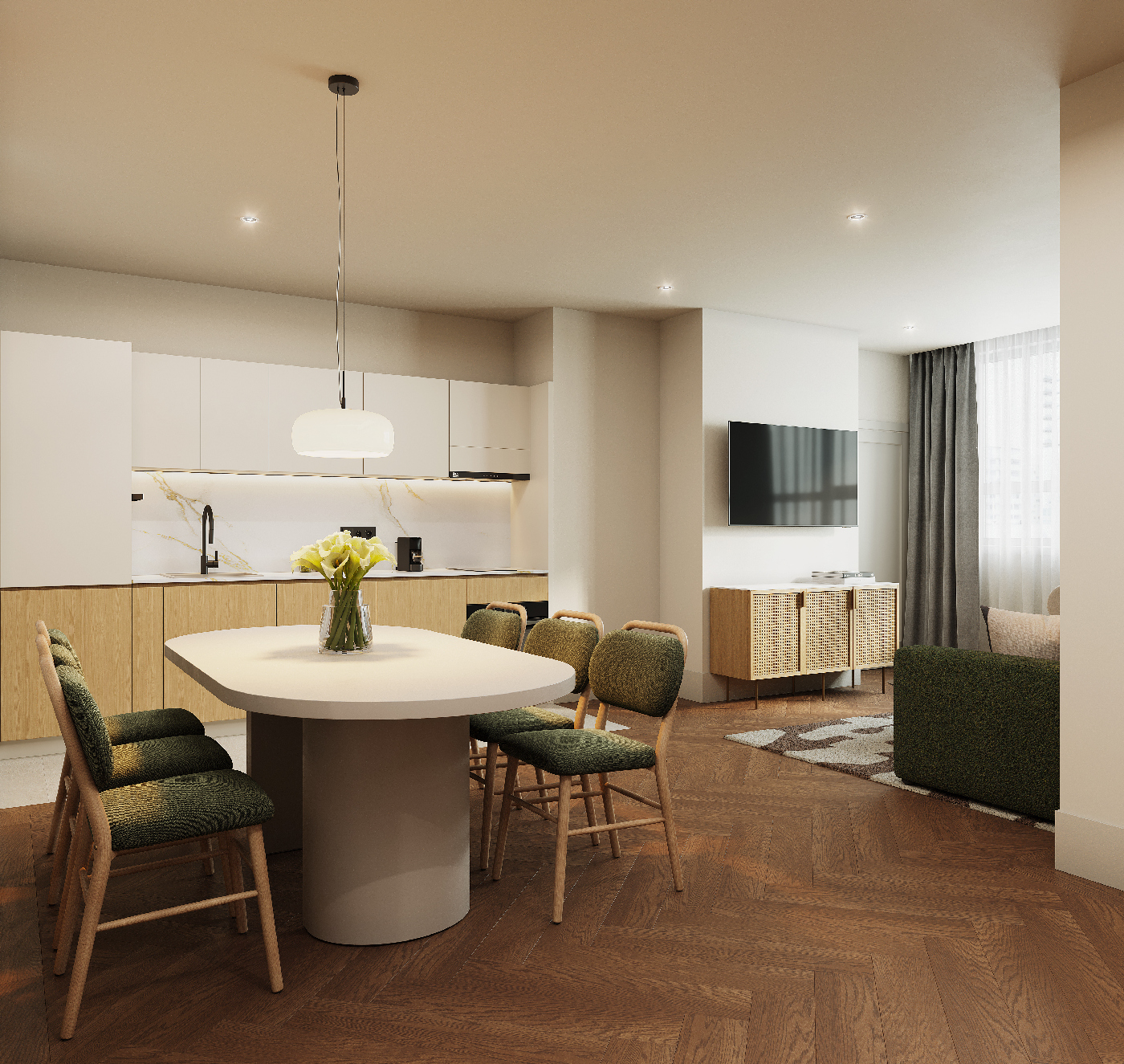 Modern open-plan kitchen and dining space featuring built-in appliances inside the three bedroom apartment at master Wola Warsaw.