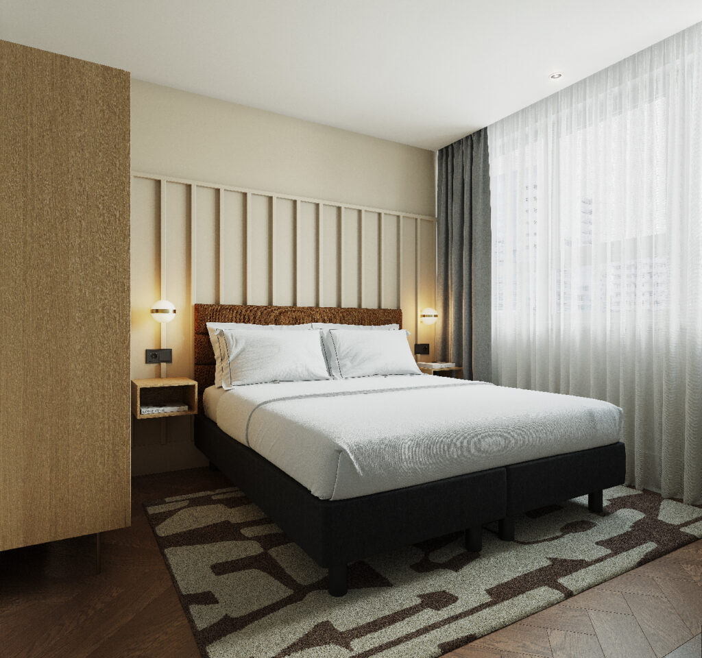 First bedroom with king-size bed, wood panel headboard, and bedside lighting in the three bedroom apartment at master Wola Warsaw.
