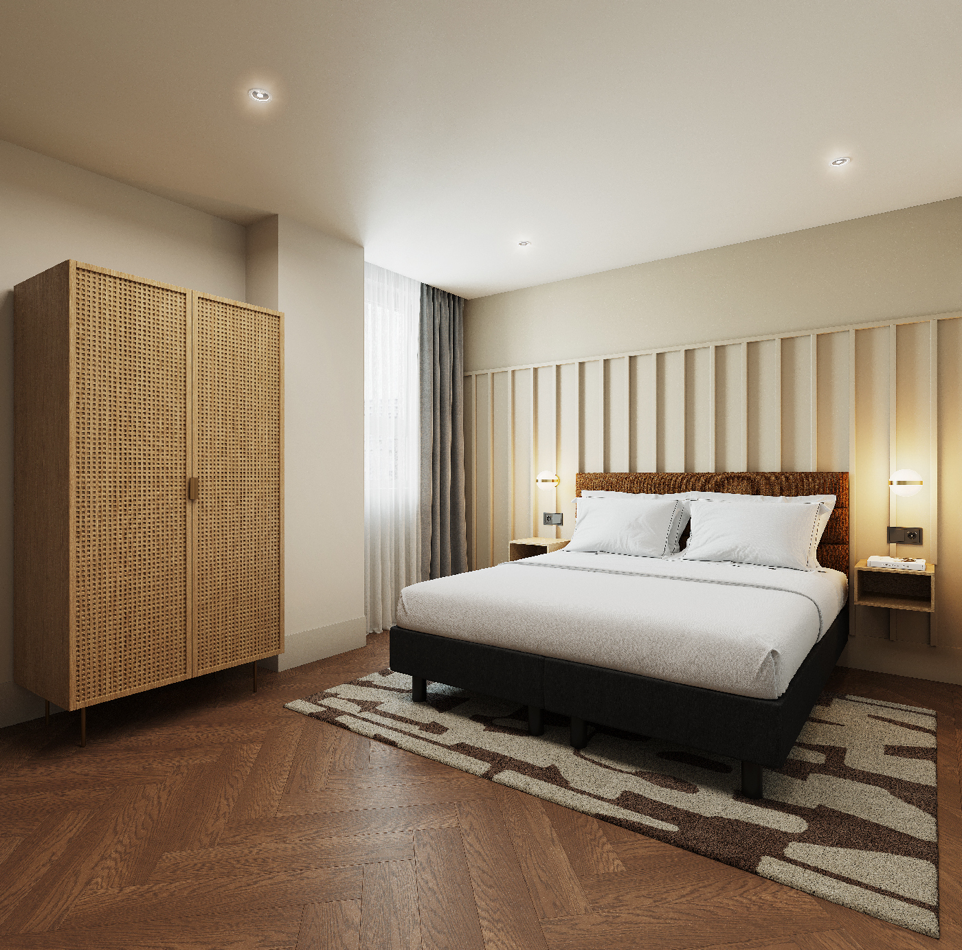 Comfortable bedroom layout with woven wardrobe and soft neutral decor in the three bedroom apartment at master Wola Warsaw.