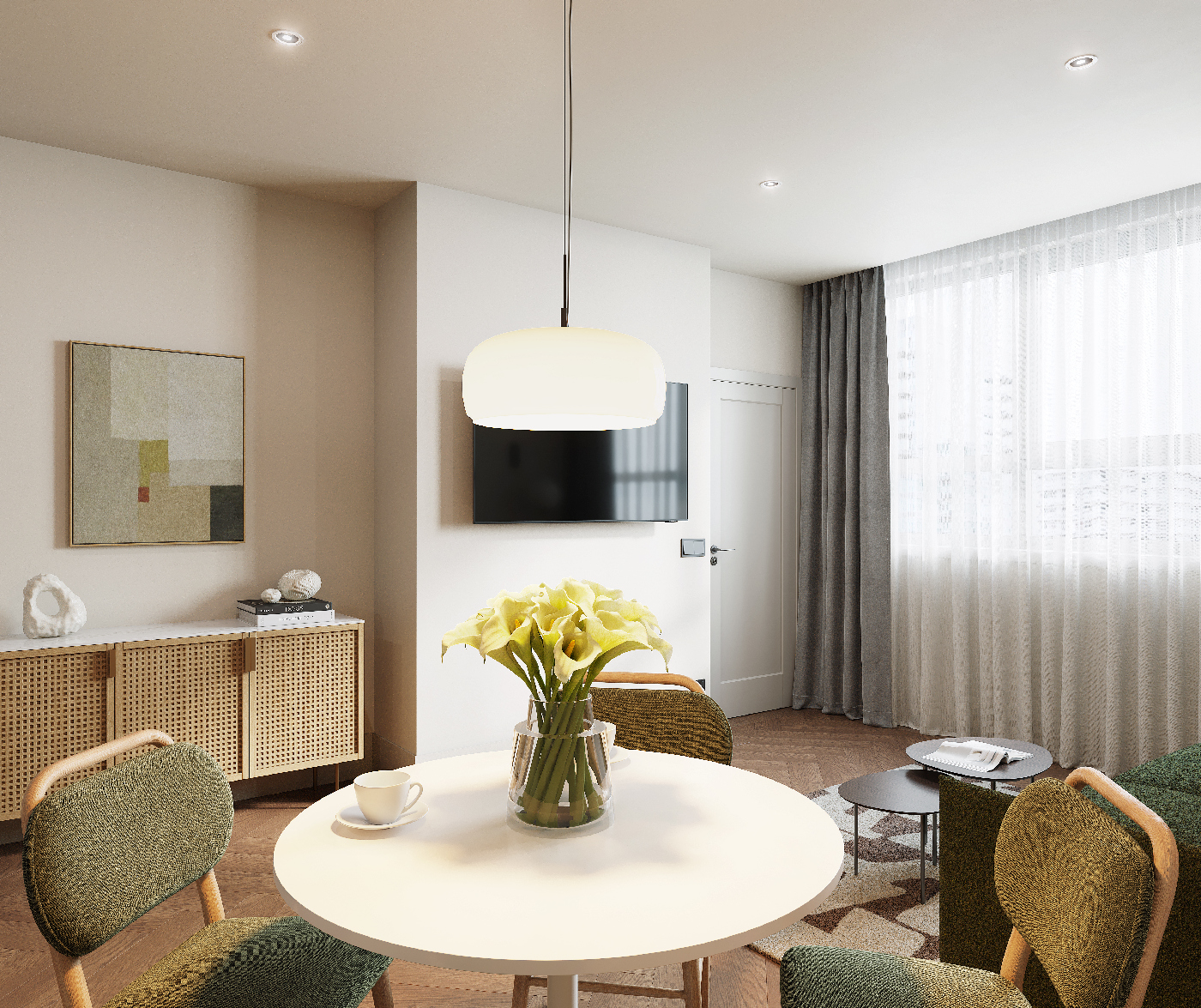 Bright dining area with modern pendant lighting and large TV, overlooking the living room in the one bedroom apartment at master Wola Warsaw.