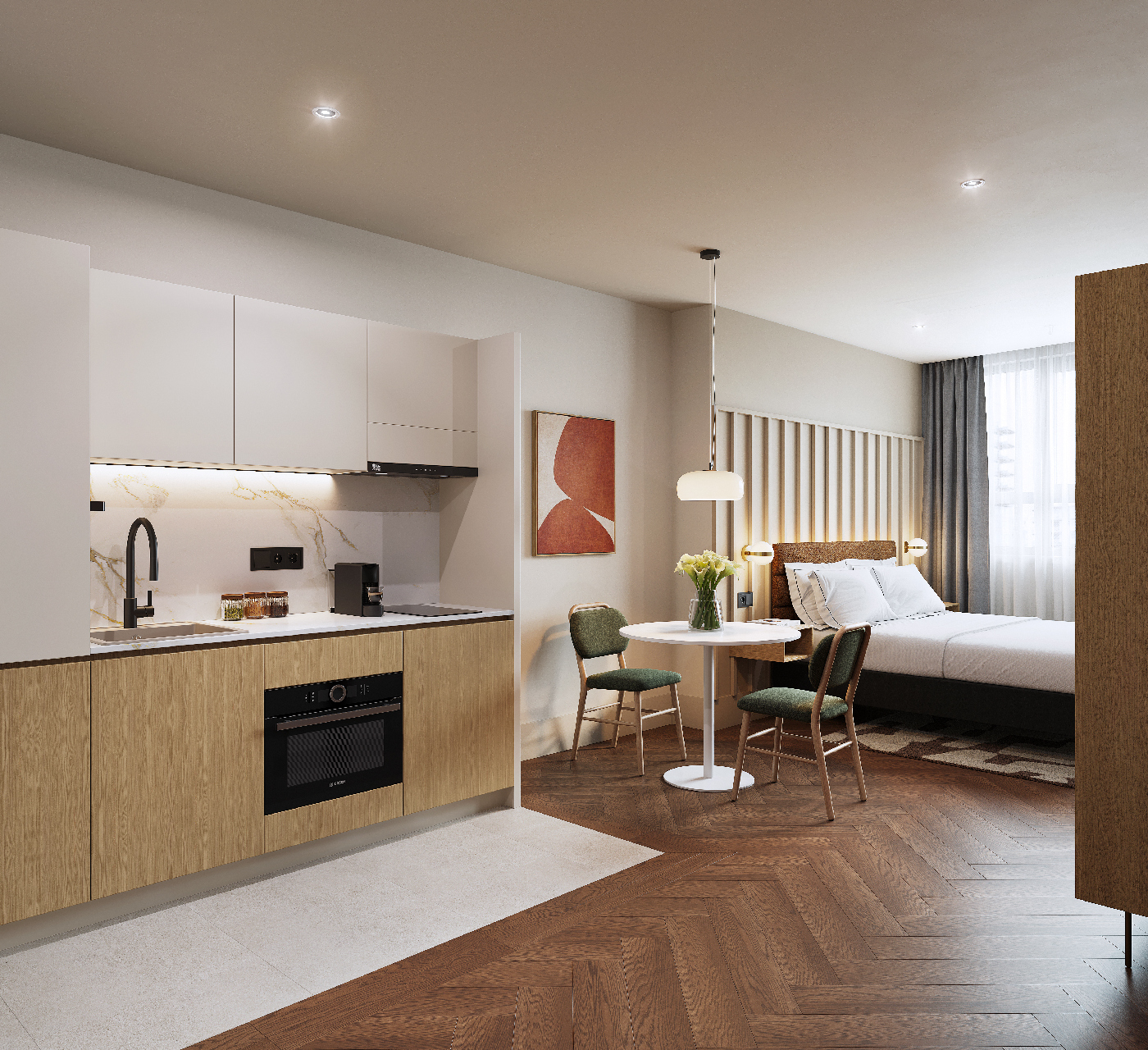 Modern studio apartment with fully equipped kitchenette, dining table, and double bed in master Wola Warsaw.