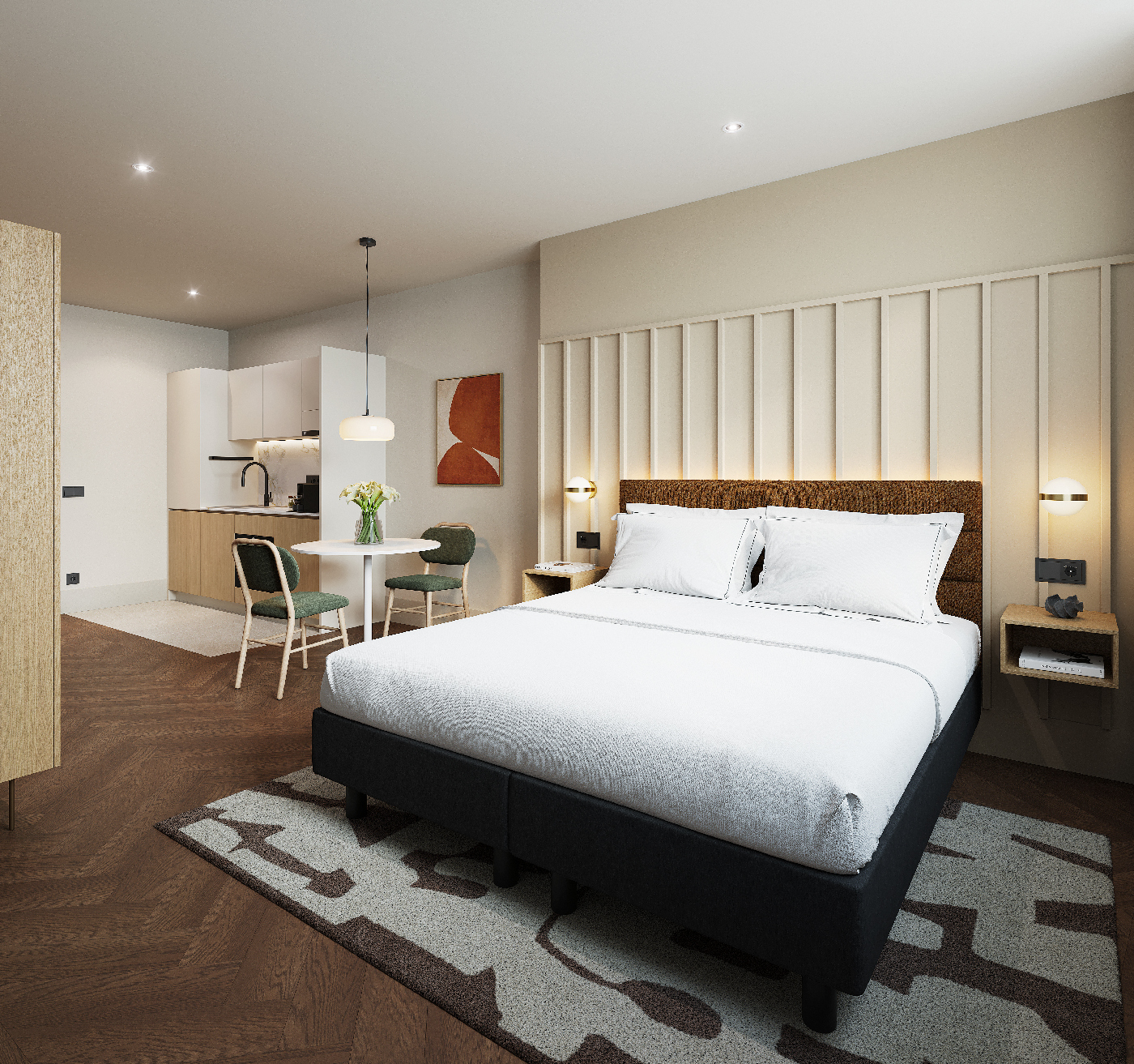 Bright studio apartment featuring a king-size bed, dining area, and integrated kitchen at master Wola Warsaw.