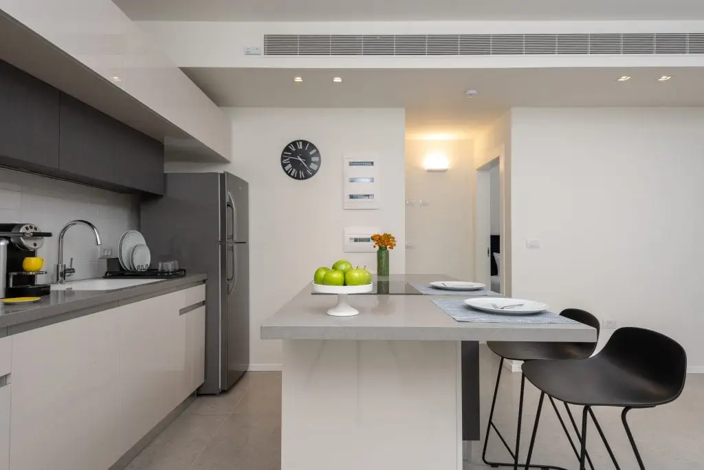 Stylish and functional kitchenette in the One-Bedroom Apartment with Balcony at master Shenkin Tel Aviv, designed for convenience and contemporary living