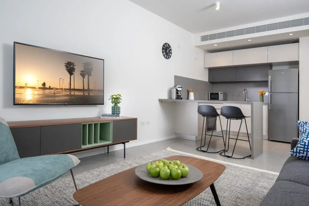 Well-equipped kitchenette in the One-Bedroom Apartment at master Shenkin Tel Aviv, designed with sleek cabinetry and modern appliances.