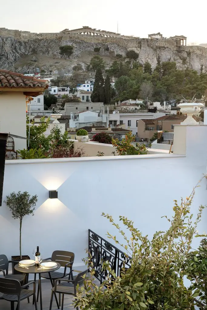 Scenic Acropolis view from the balcony of the One Bedroom Penthouse at master Plaka Athens, perfect for enjoying Athens’ historic charm