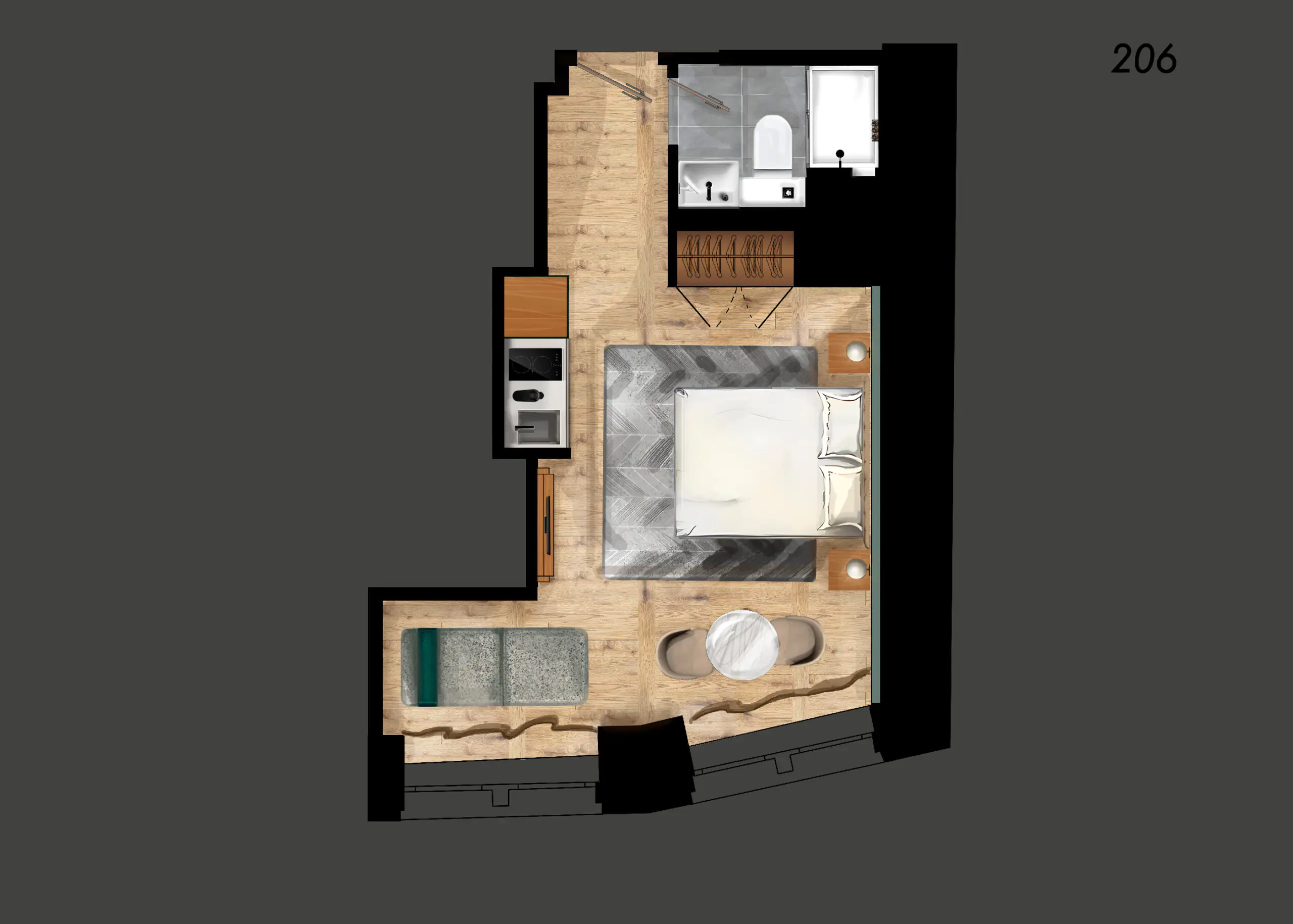 Studio with sofa bed Layout 2